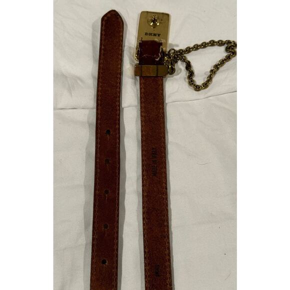 Vintage DKNY Brown Leather Skinny Belt With Brass Chain Detail Size Small Italy main image 4